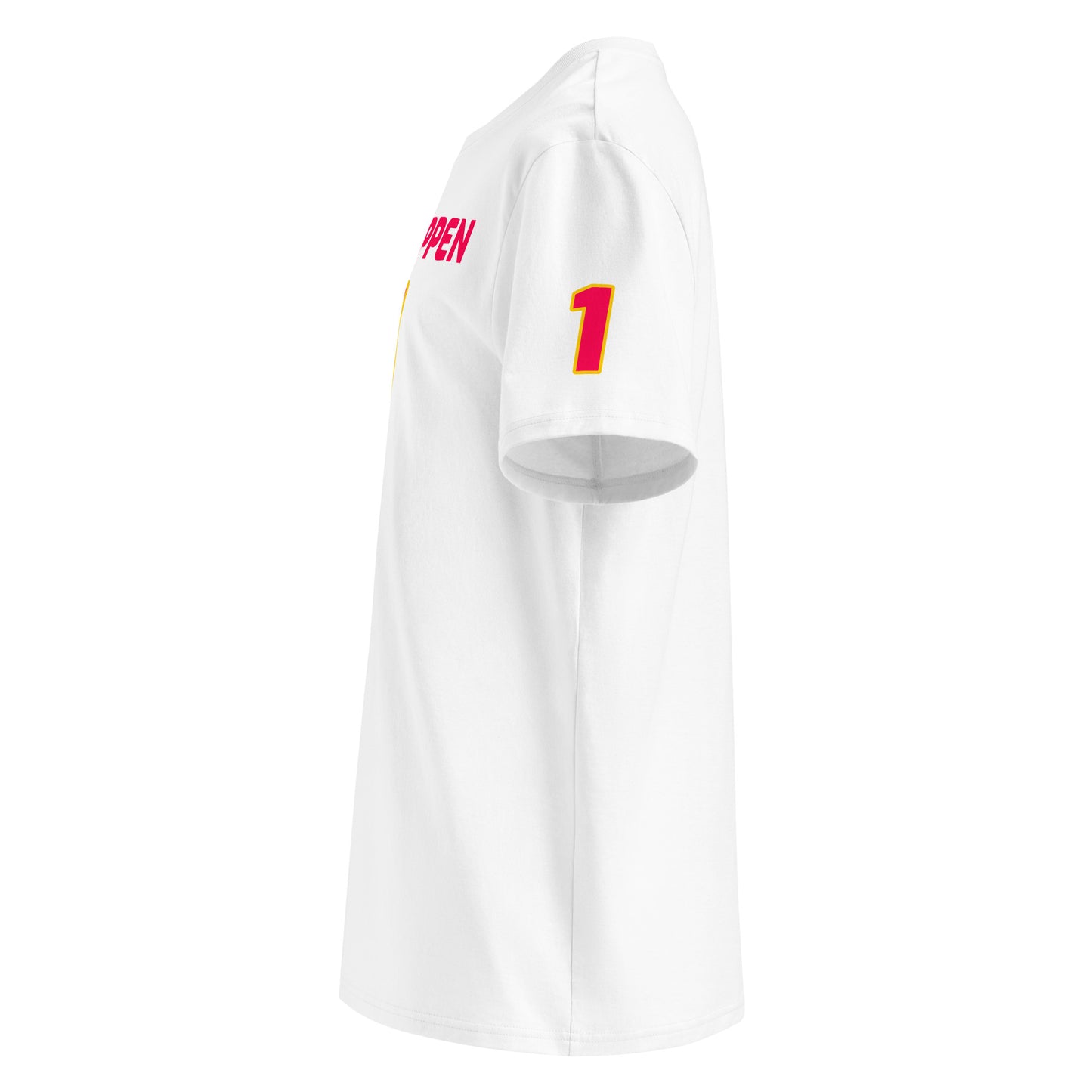 See the left sleeve of the white Max Verstappen T-Shirt, featuring additional logos or designs. Ideal for car meets and shows.