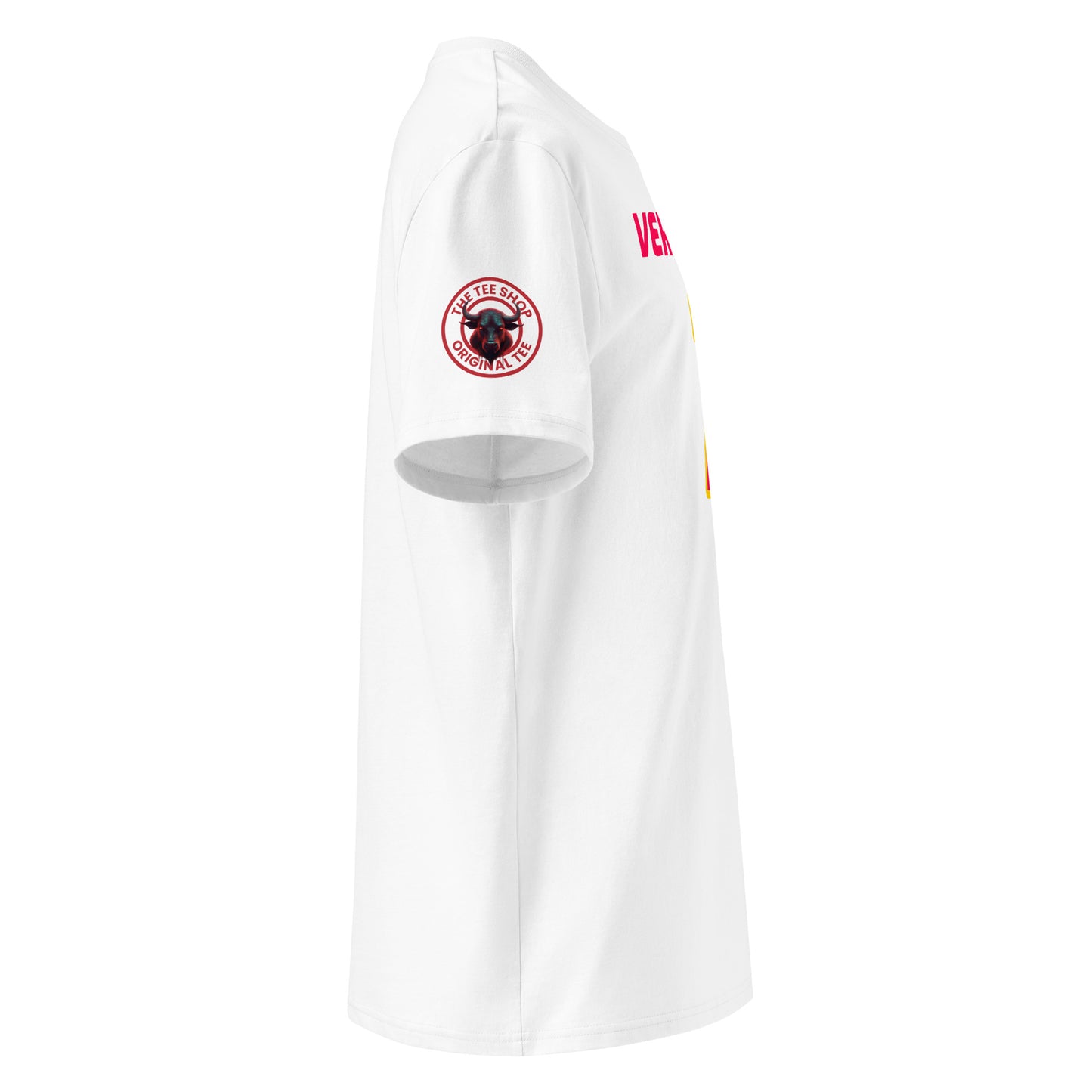 Check out the right sleeve of the white Max Verstappen T-Shirt, showcasing TheTeeShop logo with a unique image correlating to Max Verstappen.