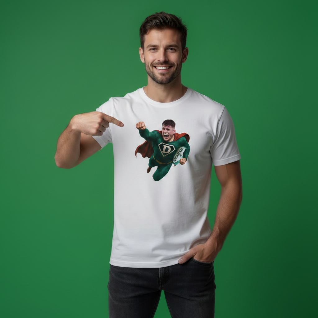Men’s Ireland Rugby Dan Sheehan T‑Shirt (White) – Superhero Style Green Character Artwork