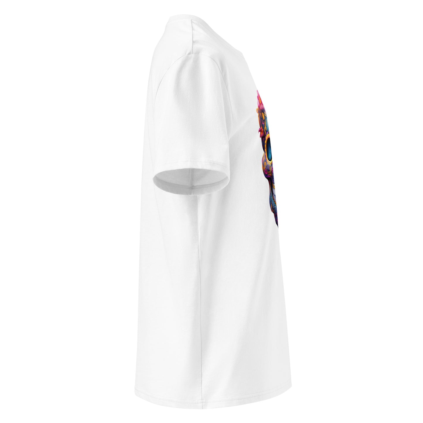 Right side angle of Mexican Skull Race Day Tee showing clean sleeve without logo and detailed vibrant sugar skull design.