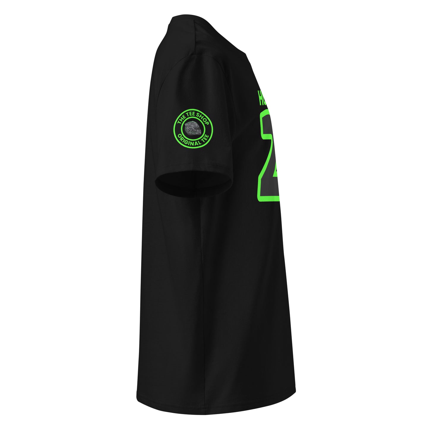 Check out the right sleeve of the black Nico Hulkenberg T-Shirt, showcasing TheTeeShop logo with a unique image correlating to Nico Hulkenberg.