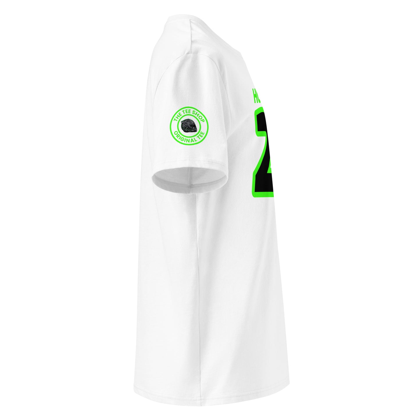 Check out the right sleeve of the white Nico Hulkenberg T-Shirt, showcasing TheTeeShop logo with a unique image correlating to Nico Hülkenberg.