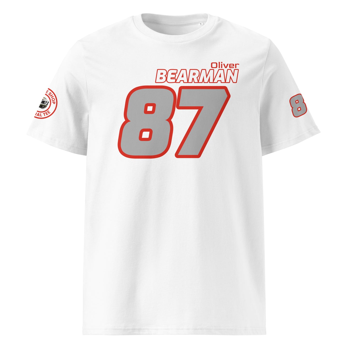 View the front of the white Oliver Bearman T-Shirt, featuring "Oliver Bearman" and the number "87" in white and red. Perfect for F1 fans and petrol heads.