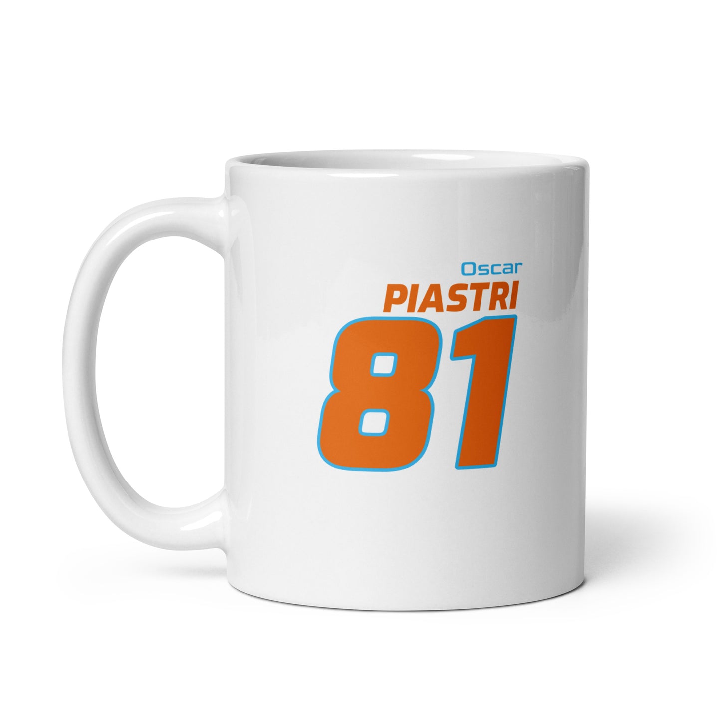 The Oscar Piastri Racing Mug featuring Oscar's name and number "81" in vibrant McLaren team colours. Ideal for enjoying a brew while watching the Grand Prix.