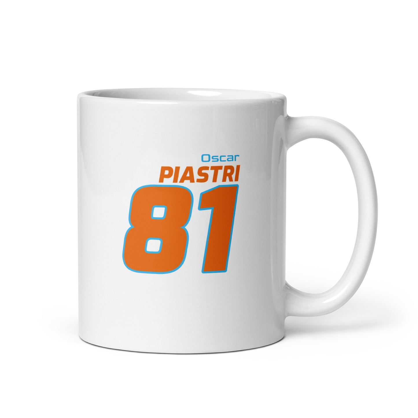 The Oscar Piastri Racing Mug showcasing Oscar's name and number "81" in bold McLaren team colours of orange and blue. Perfect for motorsport fans and collectors.