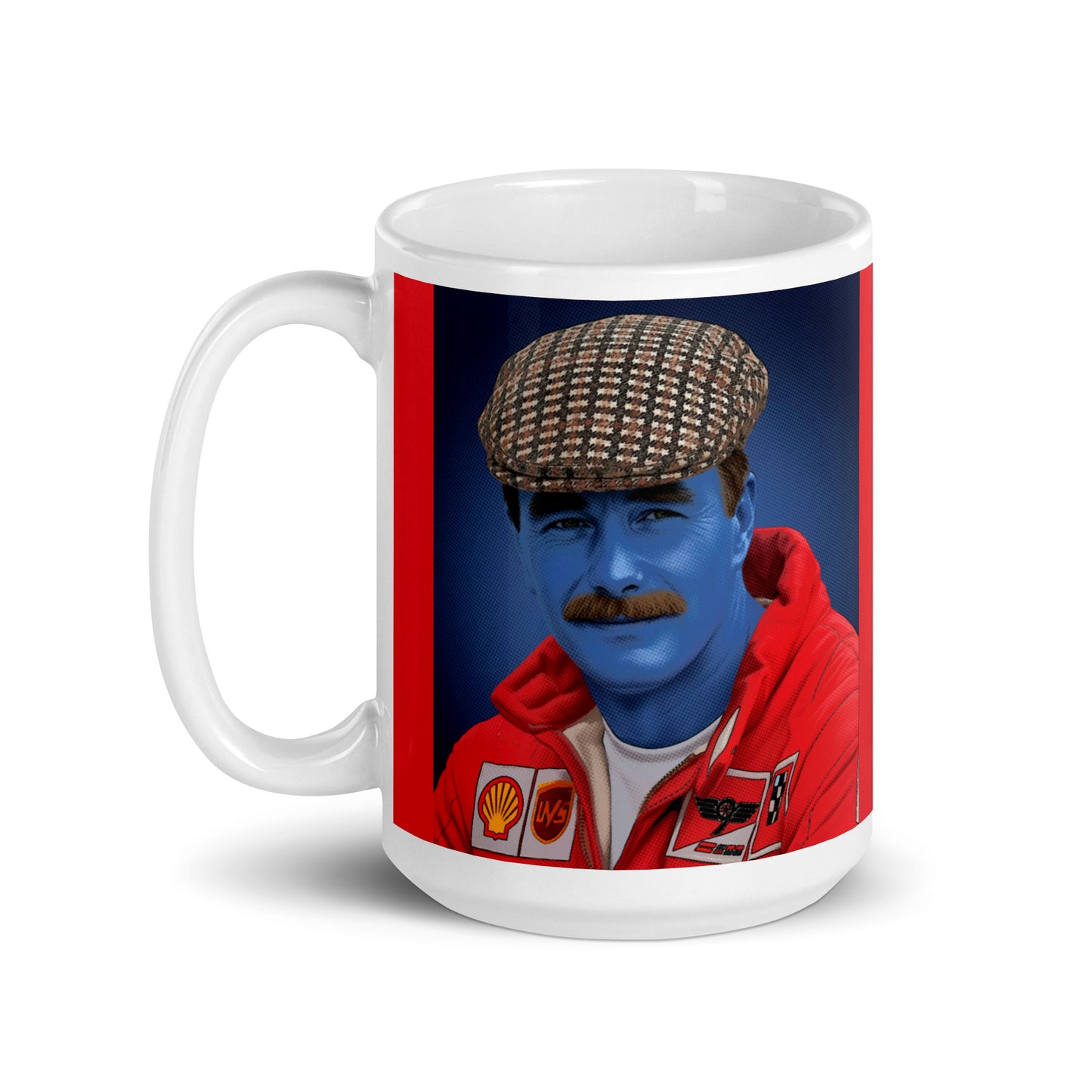 White ceramic 15oz mug with a bold red border featuring a pop-art style portrait of of a man in a red racing suit, blue-tinted face, and signature checked flat cap.