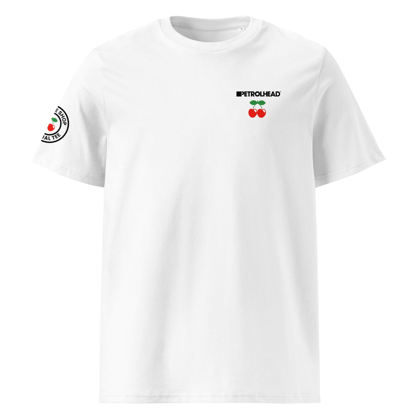 Front view of white unisex t-shirt with small black PETROLHEAD™ slogan and mini red cherries graphic on the left chest. DTF print, subtle car meet and club culture style.