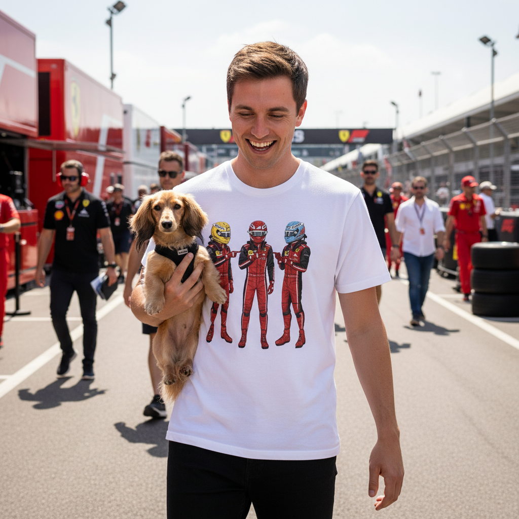Race fan in the paddock wearing the Pitwall Meme Drivers T-Shirt, clearly showing three red-suited drivers pointing at each other, while holding cute tifosi dog moment to race day.