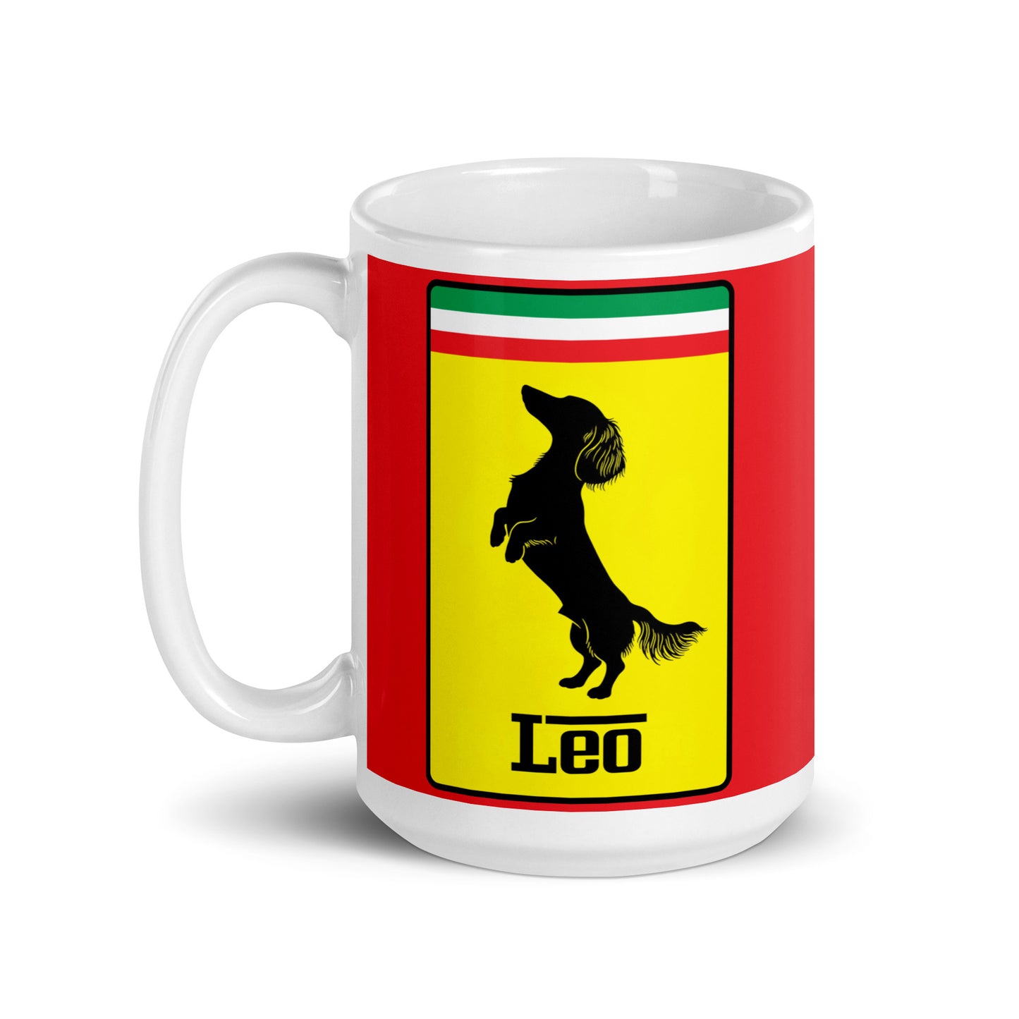White ceramic 15oz mug with a bold red background featuring a Ferrari-style yellow shield, the Italian tricolor, and a black silhouette of a dachshund rearing up like a prancing horse, with the text “Leo”—inspired by Charles Leclerc’s famous F1 dog.