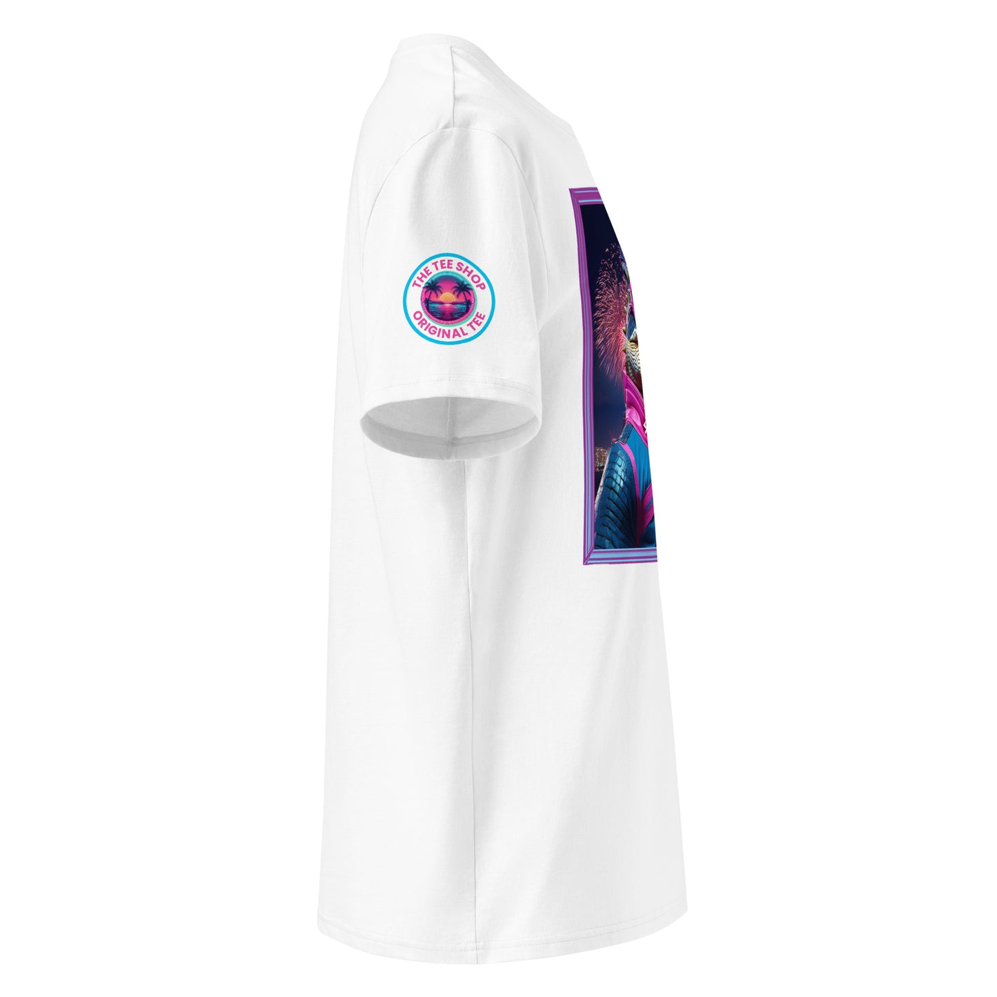 Right side view of our Alpine F1 Gator Miami Grand Prix white t-shirt, highlighting the detailed design of the gator racer. Perfect for showing your support in a unique and subtle way.
