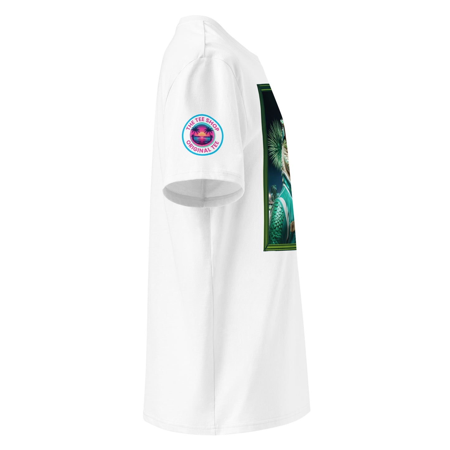 Right side view of our Aston Martin F1 Gator Miami Grand Prix white t-shirt, highlighting the detailed design of the gator racer. Perfect for showing your support in a unique and subtle way.