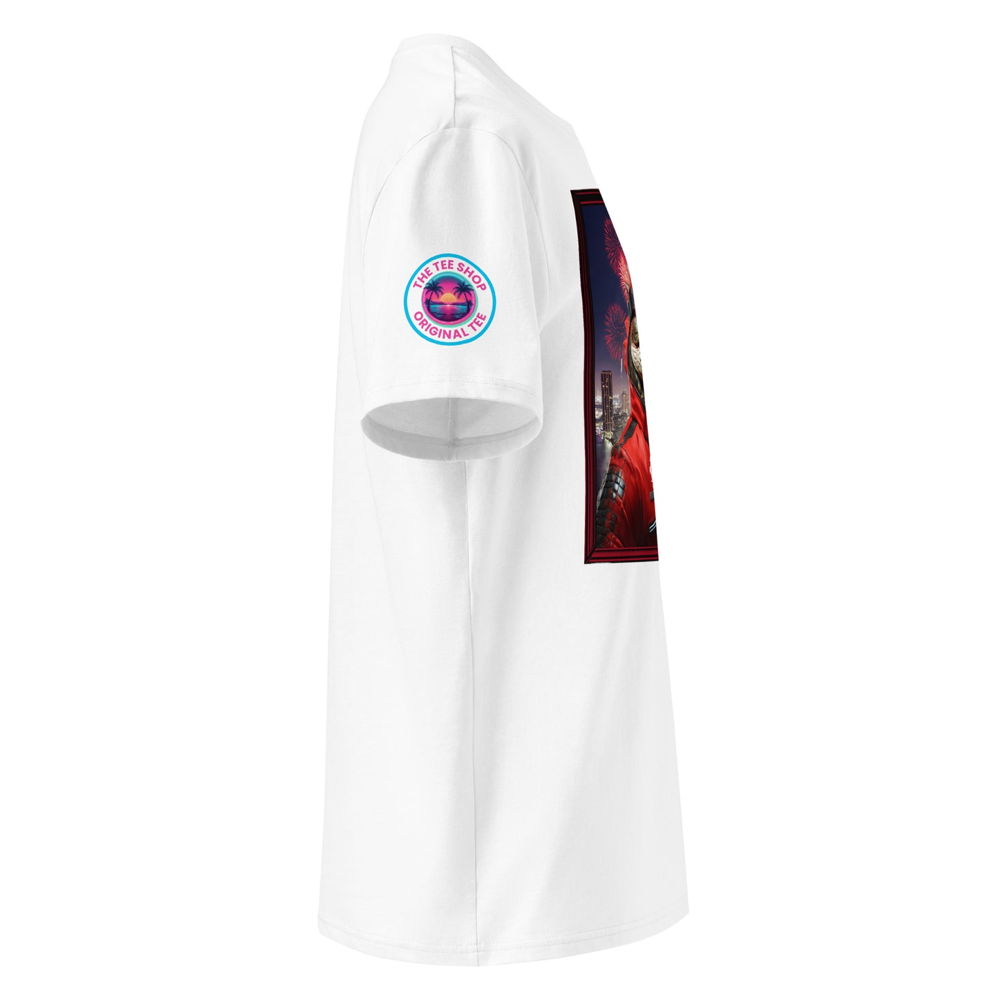 Right side view of our Ferrari F1 Gator Miami Grand Prix white t-shirt, highlighting the detailed design of the gator racer. Perfect for showing your support in a unique and subtle way.