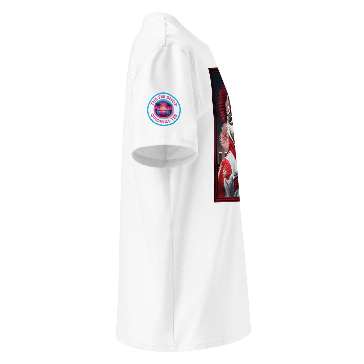 Right side view of our Haas F1 Gator Miami Grand Prix white t-shirt, highlighting the detailed design of the gator racer. Perfect for showing your support in a unique and subtle way.