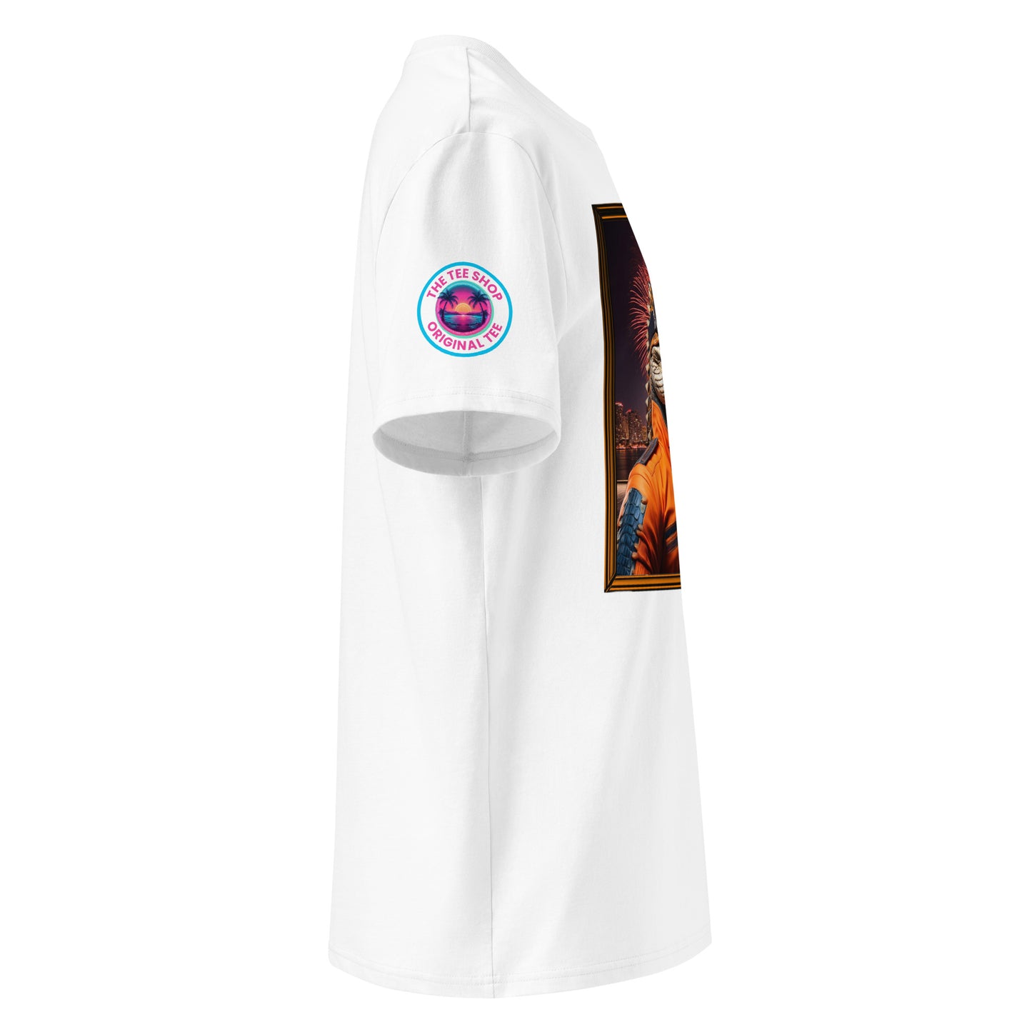 Right side view of our McLaren F1 Gator Miami Grand Prix white t-shirt, highlighting the detailed design of the gator racer. Perfect for showing your support in a unique and subtle way.