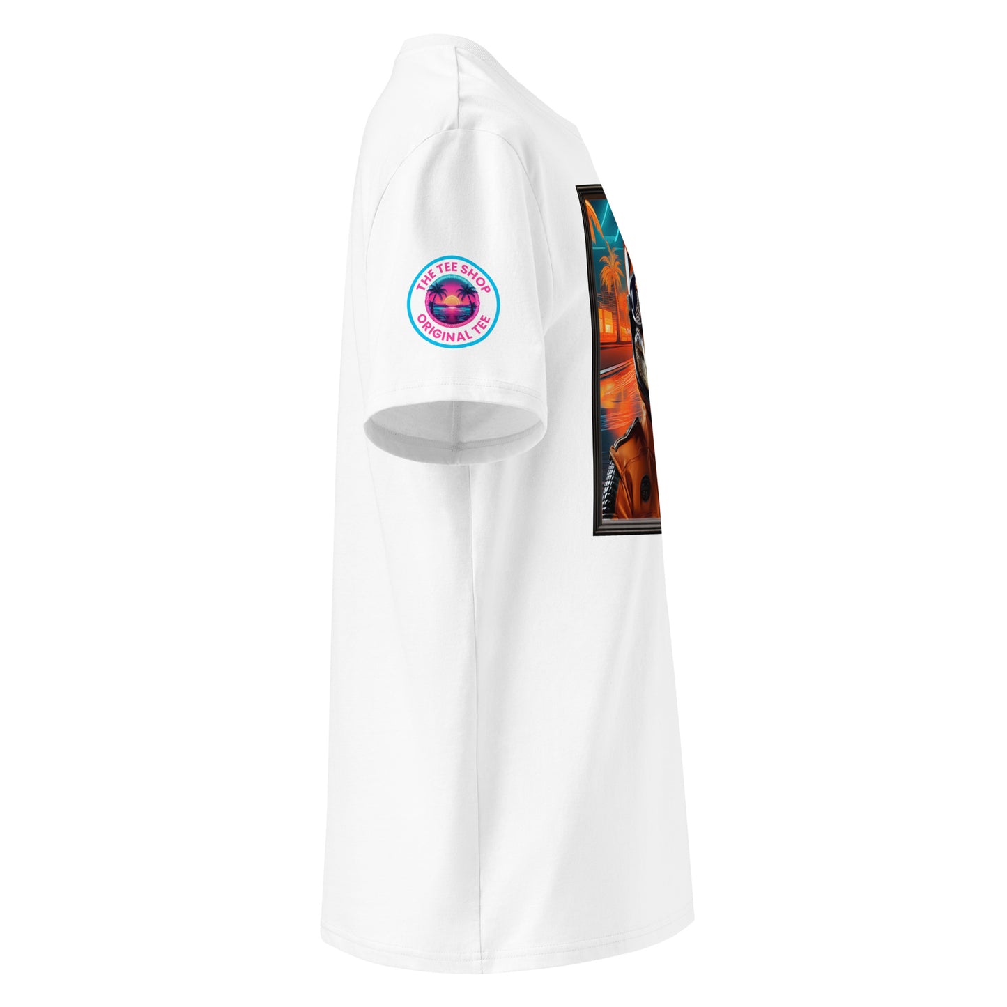 Right side view of our McLaren F1 Miami Grand Prix t-shirt, highlighting the detailed design of the alligator racer in papaya colours. Perfect for showing your support in a unique way.