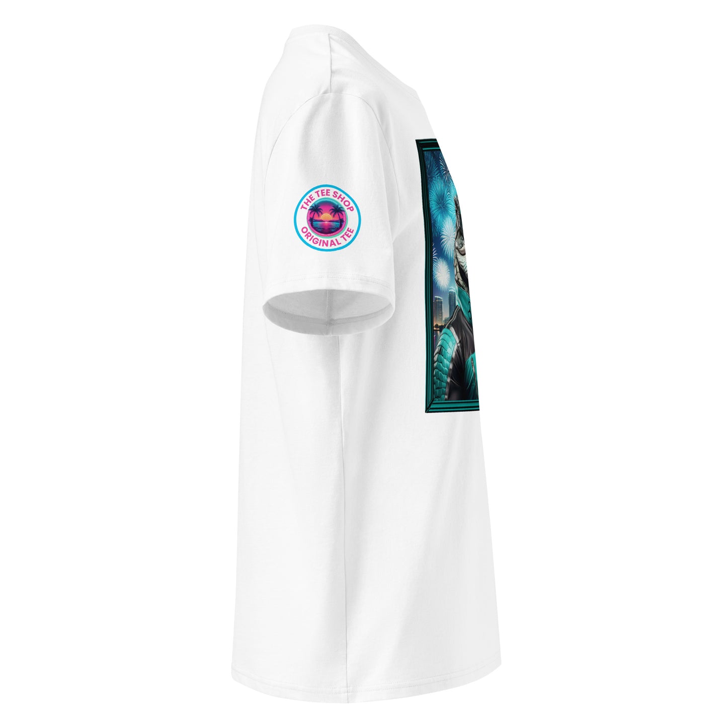 Right side view of our Mercedes F1 Gator Miami Grand Prix white t-shirt, highlighting the detailed design of the gator racer. Perfect for showing your support in a unique and subtle way.