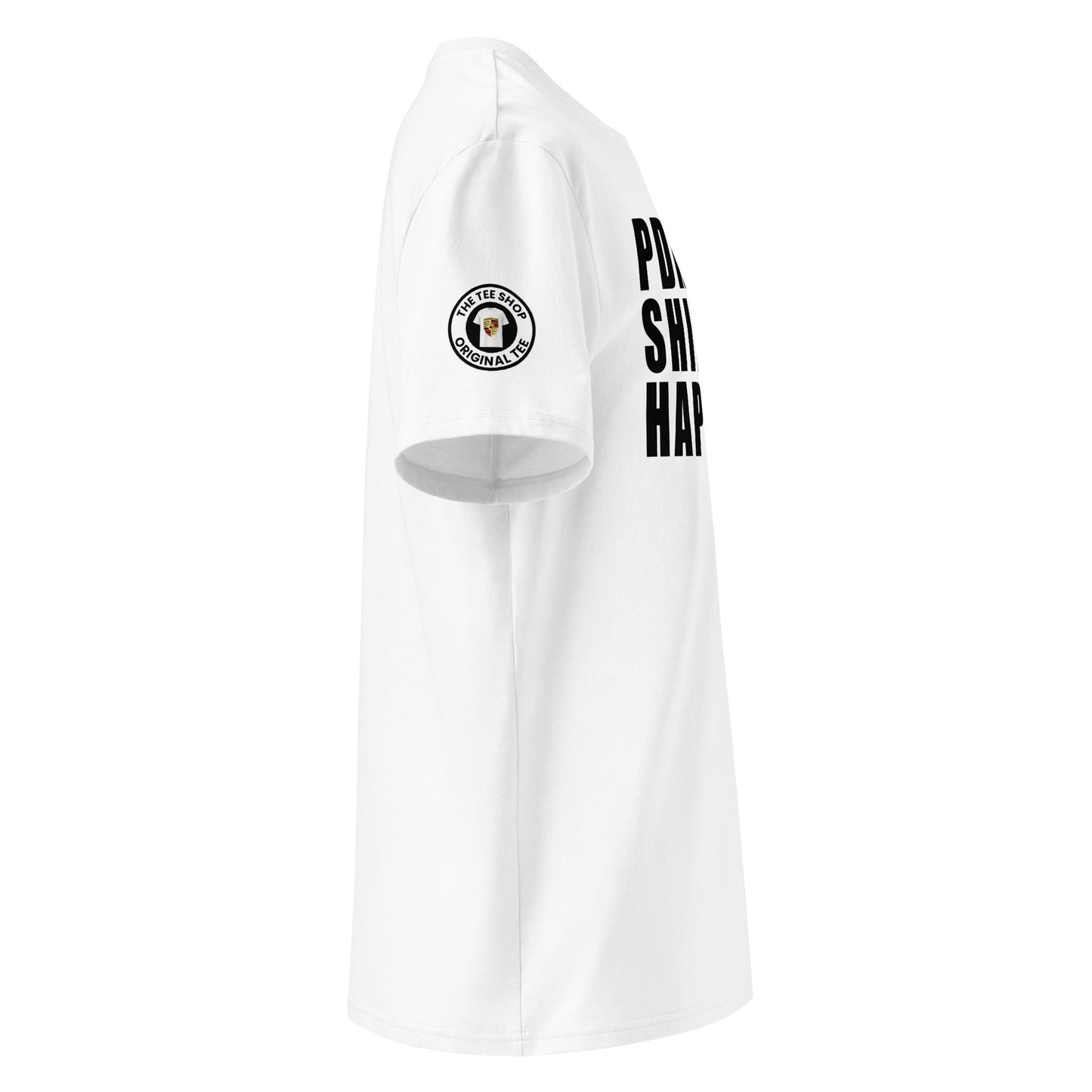 Explore the right side view of our PDK Shift Happens T-Shirt, showcasing its stylish design and humorous slogan for car enthusiasts.