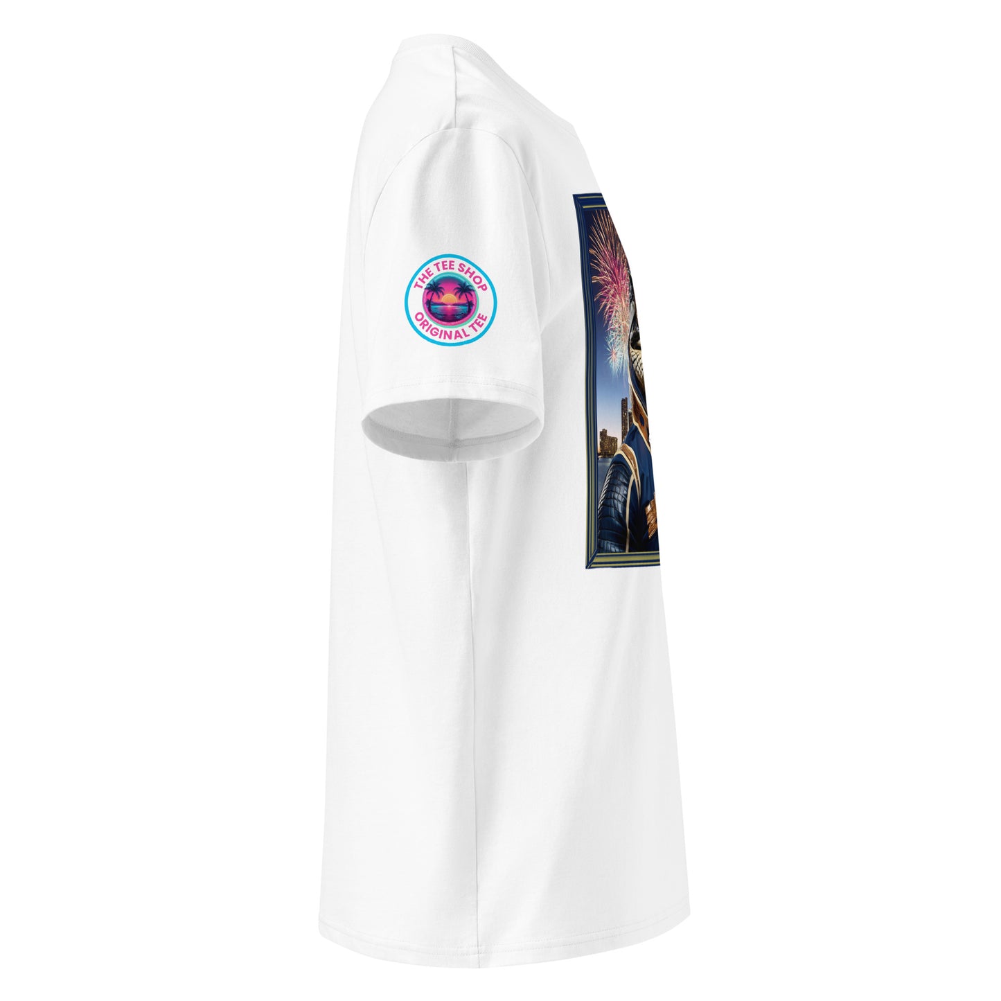 Right side view of our Red Bull Racing F1 Gator Miami Grand Prix white t-shirt, highlighting the detailed design of the gator racer. Perfect for showing your support in a unique and subtle way.