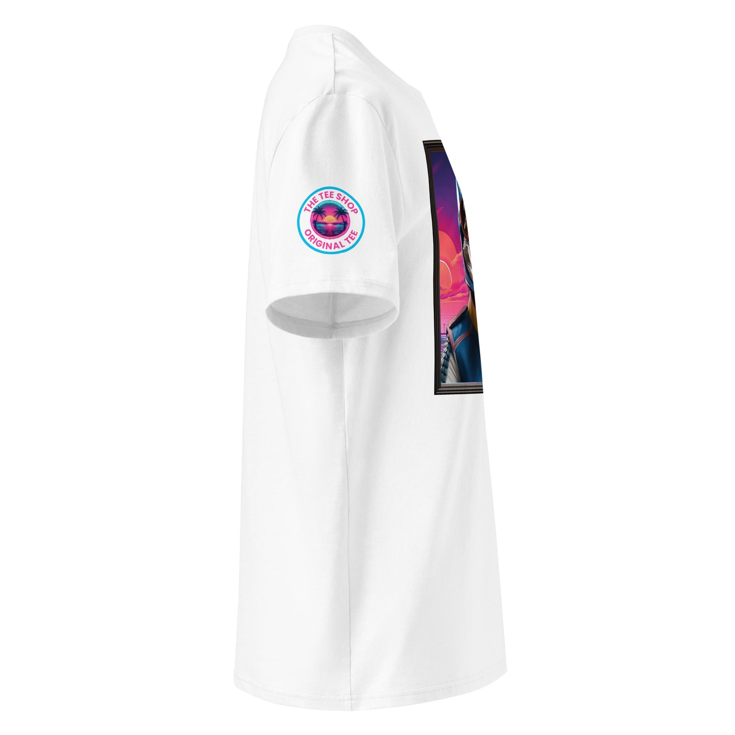Right side view of our Red Bull Racing t-shirt, highlighting the detailed design of the racer and the colorful Miami background.