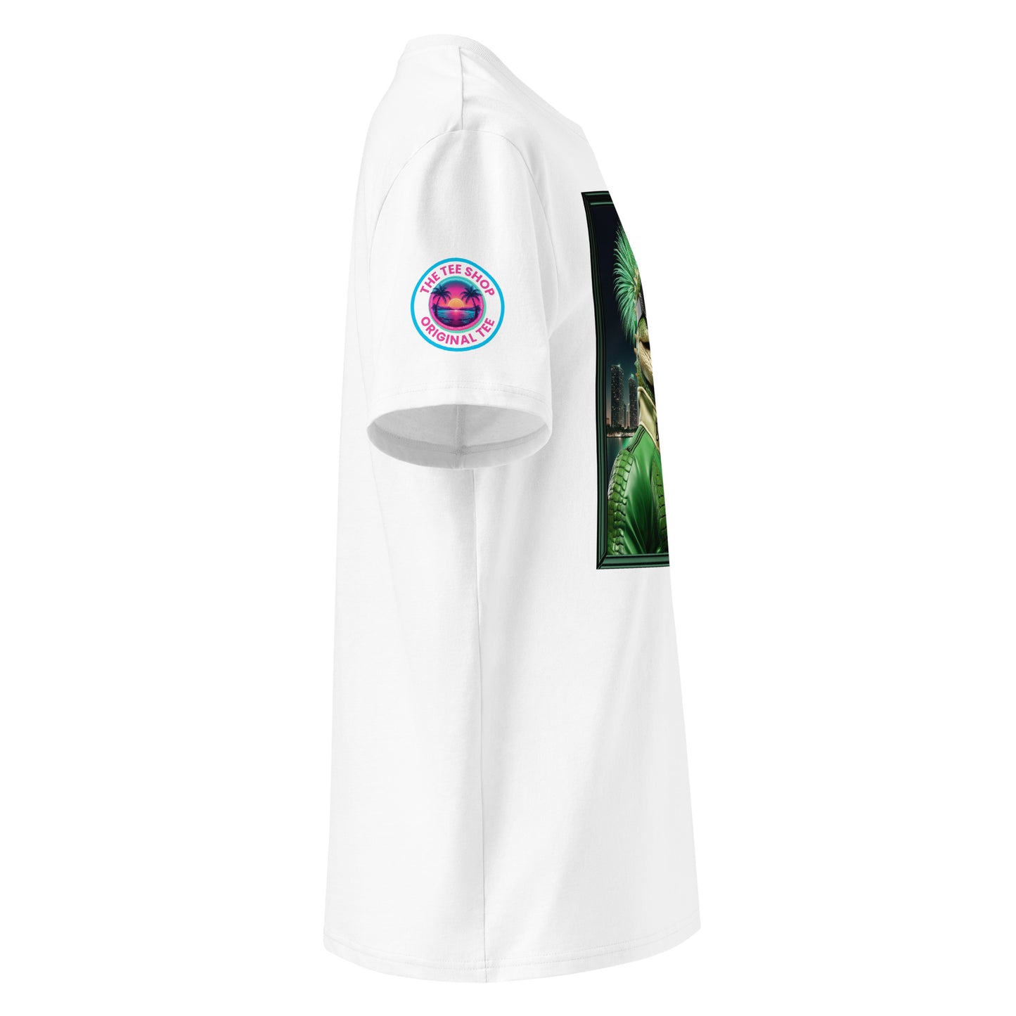 Right side view of our Stake F1 Gator Miami Grand Prix white t-shirt, highlighting the detailed design of the gator racer. Perfect for showing your support in a unique and subtle way.