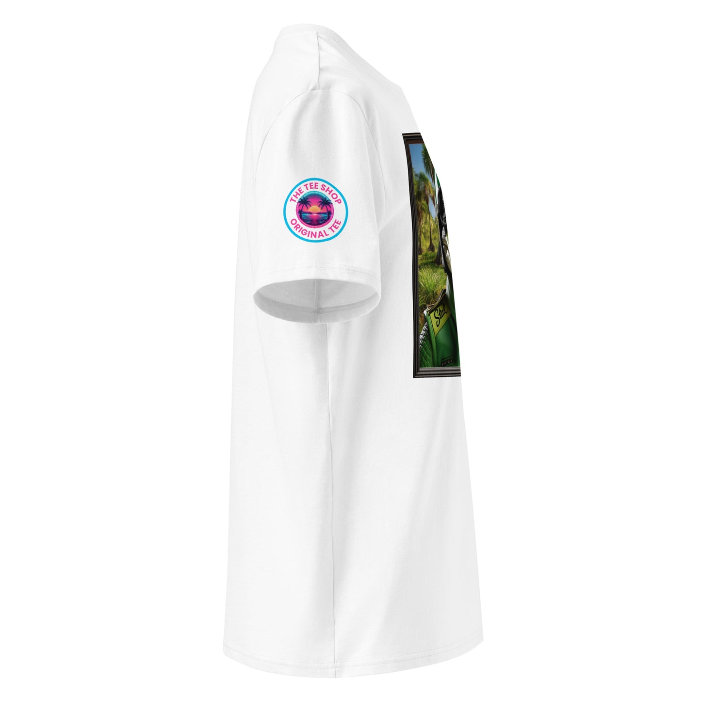 Right side view of our Stake F1 Team Kick Sauber t-shirt, highlighting the detailed design of the green alligator racer.