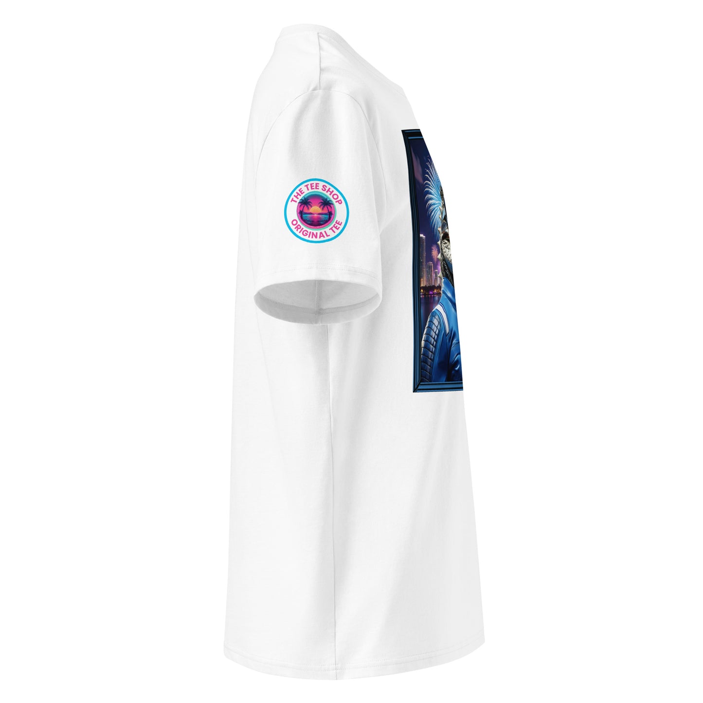 Right side view of our Williams F1 Gator Miami Grand Prix white t-shirt, highlighting the detailed design of the gator racer. Perfect for showing your support in a unique and subtle way.