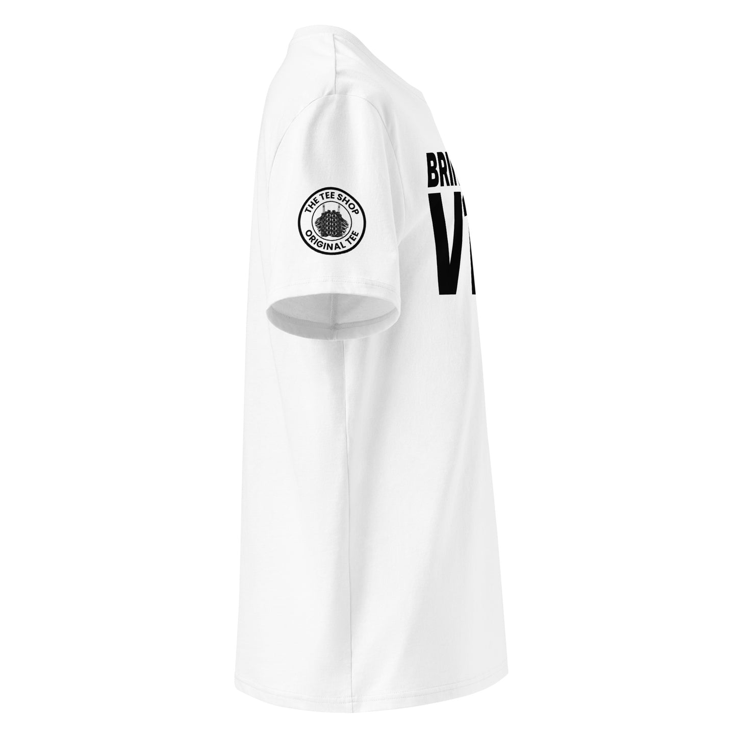 View the right sleeve of our Bring Back V10s White T-Shirt, showcasing TheTeeShop logo with a unique graphic.