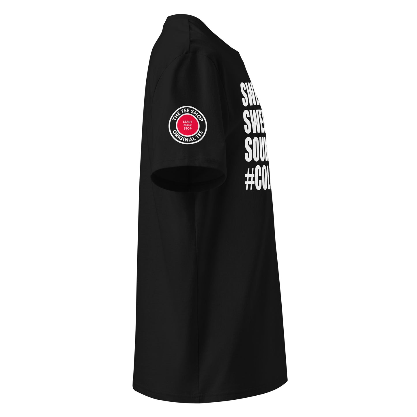 View the right sleeve of our Cold Start Black T-Shirt, showcasing TheTeeShop logo with a unique start engine button graphic.