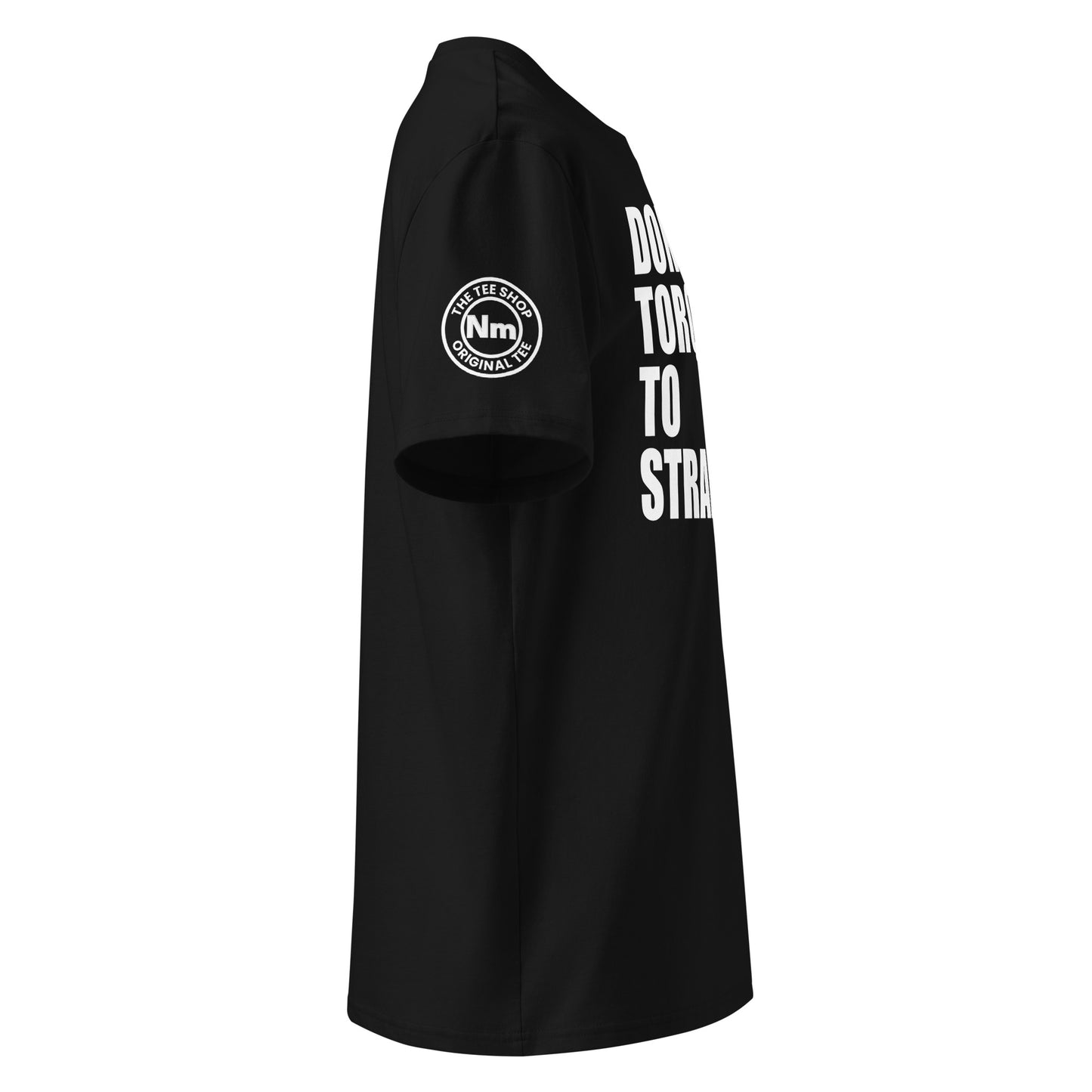 View the right sleeve of our Don't Torque to Strangers Black T-Shirt, showcasing TheTeeShop logo with a unique graphic.