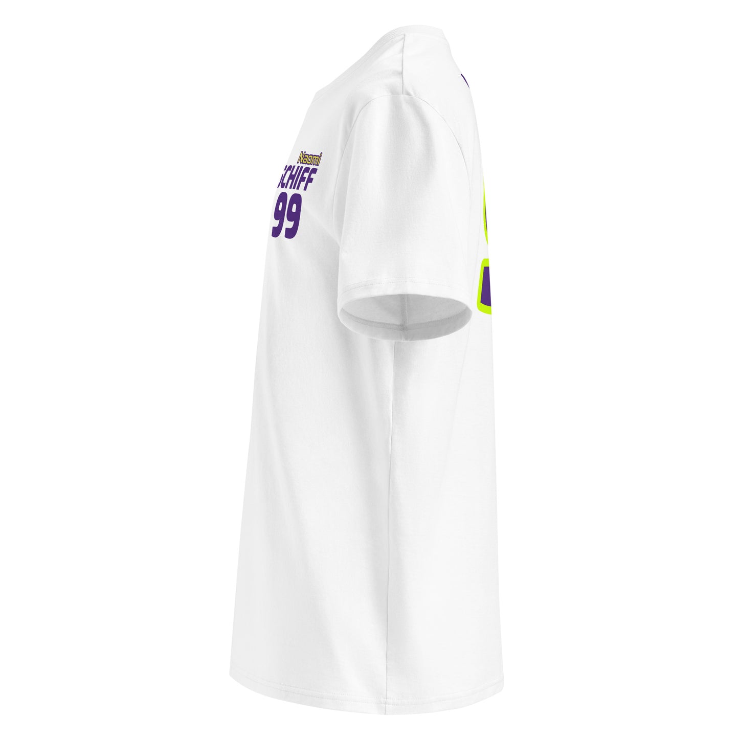 View the right sleeve of our Naomi Schiff W Series White T-Shirt, showcasing TheTeeShop logo with a unique graphic.