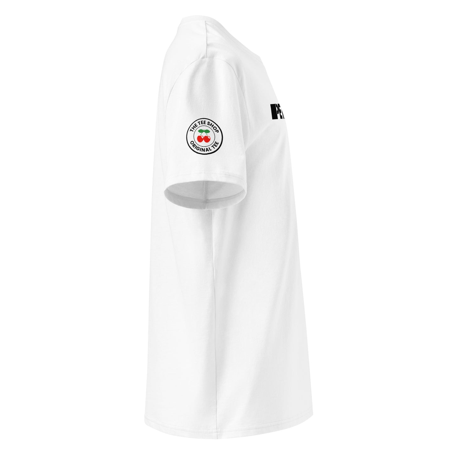 View the right sleeve of our Petrolhead White T-Shirt, showcasing TheTeeShop logo with a unique graphic.