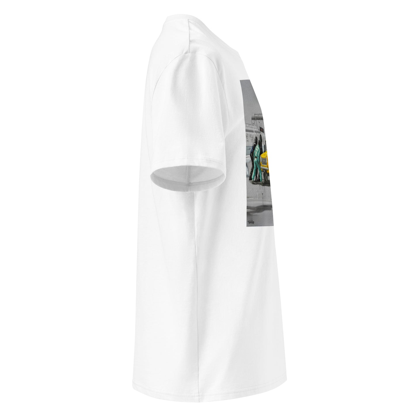 Right view of Only Fools & Horse Power Graffiti white car T-Shirt mockup