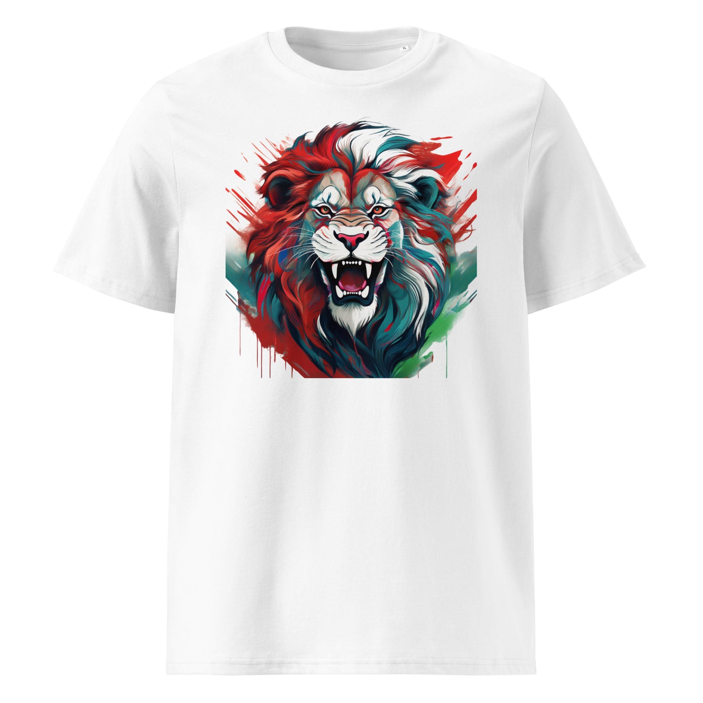 Front of the t-shirt featuring a roaring lion in red, blue, green, and black on a white background – a fierce and energetic design for Lions Tour fans.