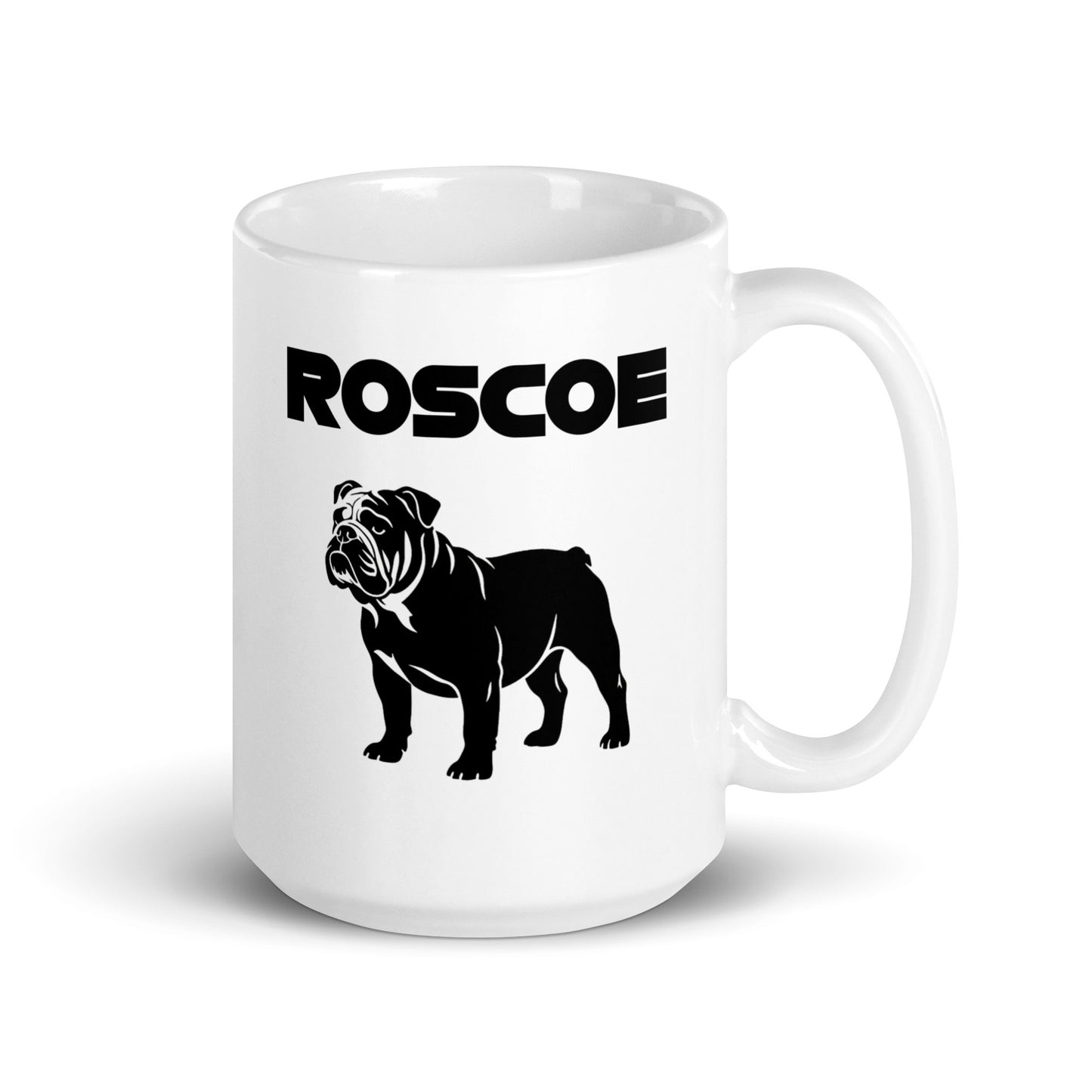White ceramic 15oz mug featuring a bold black silhouette of a bulldog with the word “ROSCOE” in modern black typography above, inspired by fast dogs.