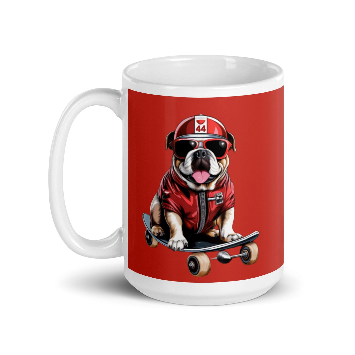 White ceramic 15oz mug with a bold red background featuring a playful illustration of Roscoe, a bulldog in Ferrari red jacket, sunglasses, and a racing helmet with the number 44, riding a skateboard, inspired by Lewis Hamilton’s famous F1 dog.
