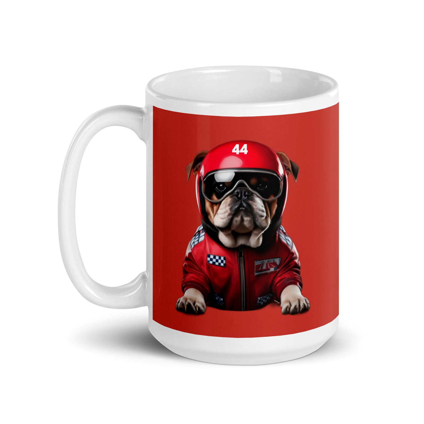 White ceramic 15oz mug with a bold red background featuring a playful illustration of Roscoe, a bulldog in a red racing jacket, sunglasses, and a helmet, inspired by fast dogs.