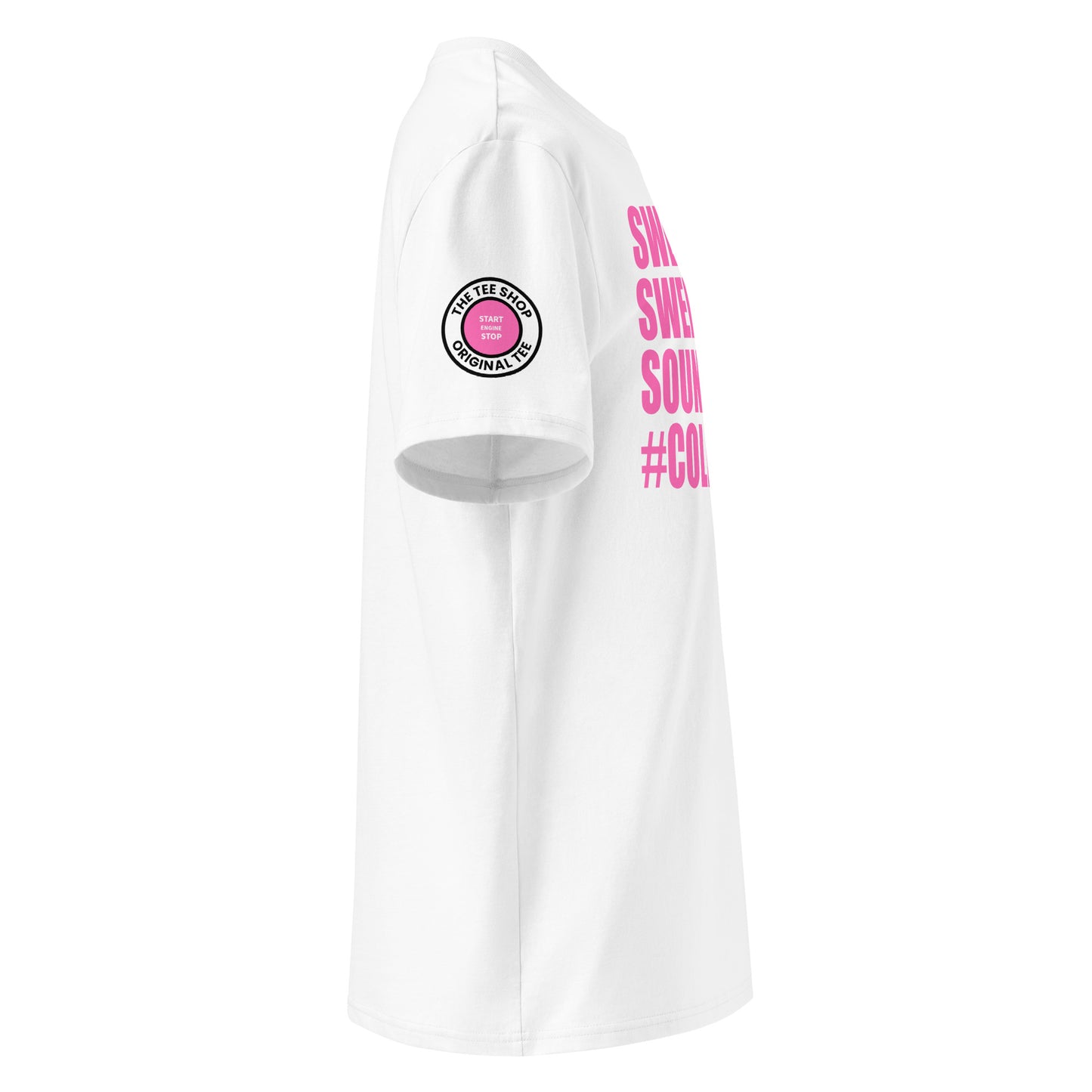 Right side view of white t-shirt showing The Tee Shop’s unique start/stop button logo on the sleeve and edge of the pink cold start slogan. DTF print, car culture and engine tribute.