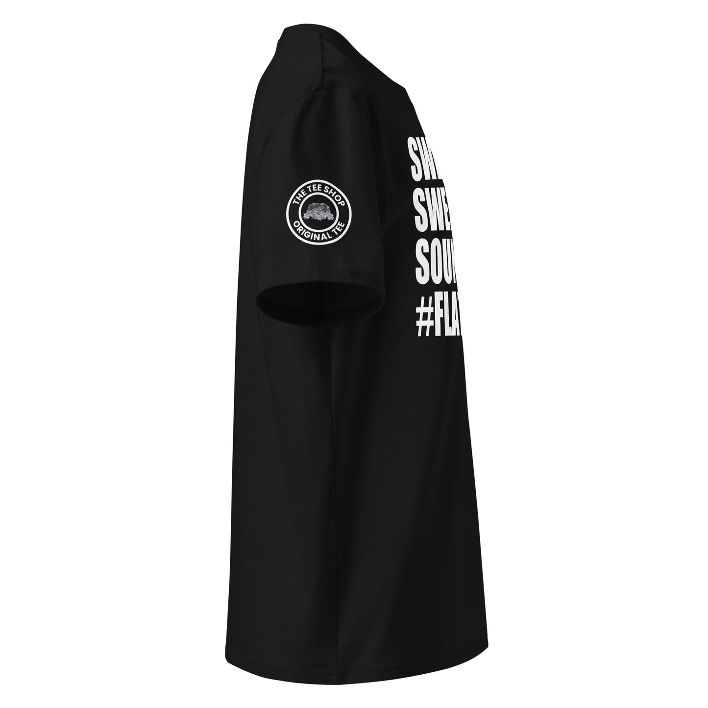 See the right view of the "SWEET SWEET SOUNDS #FLATSIX" Black T-Shirt, featuring TheTeeShop logo. Ideal for car meets and automotive events!