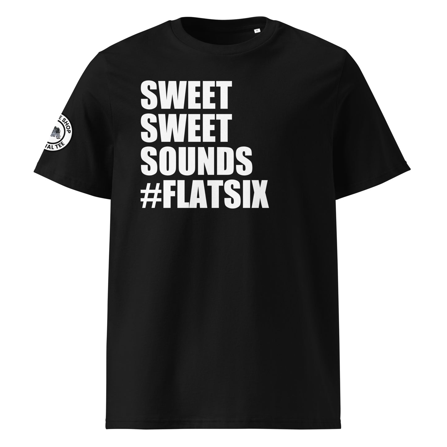 Front view of black unisex t-shirt with bold white “SWEET SWEET SOUNDS #FLATSIX” slogan. DTF print, perfect for flat six engine fans, Porsche enthusiasts, and car meet culture.