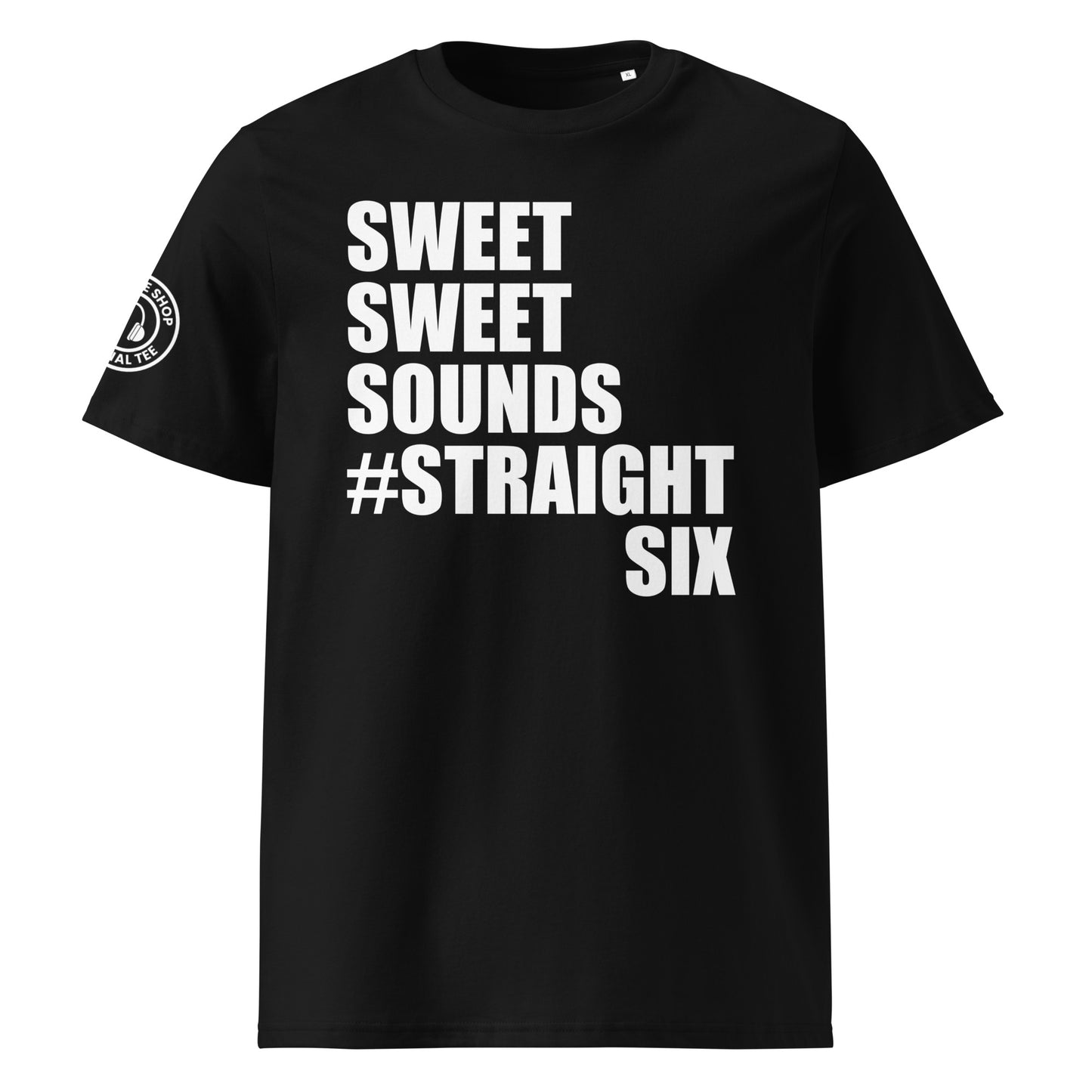 Check out the front view of the "SWEET SWEET SOUNDS #STRAIGHT SIX" Black T-Shirt, perfect for engine enthusiasts. Available now at TheTeeShop!