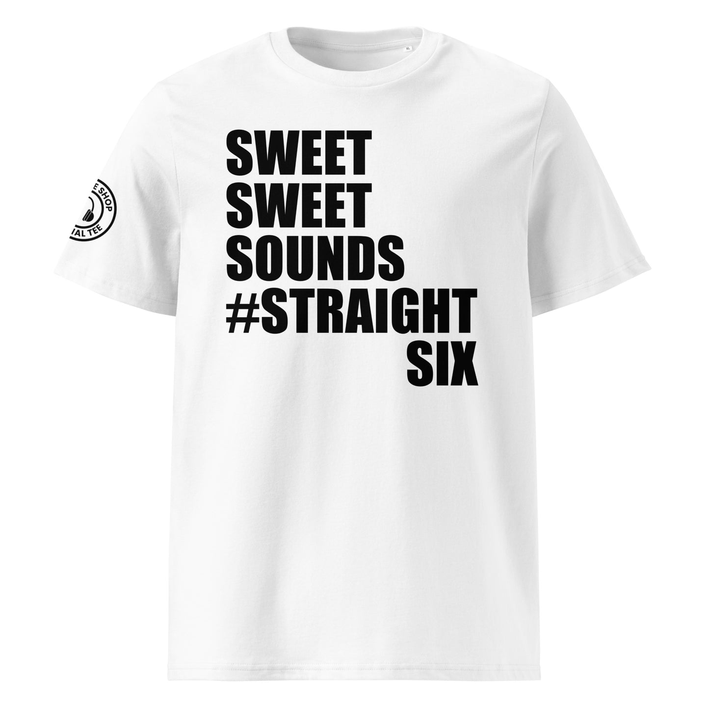 Check out the front view of the "SWEET SWEET SOUNDS #STRAIGHT SIX" White T-Shirt, perfect for engine enthusiasts. Available now at TheTeeShop!