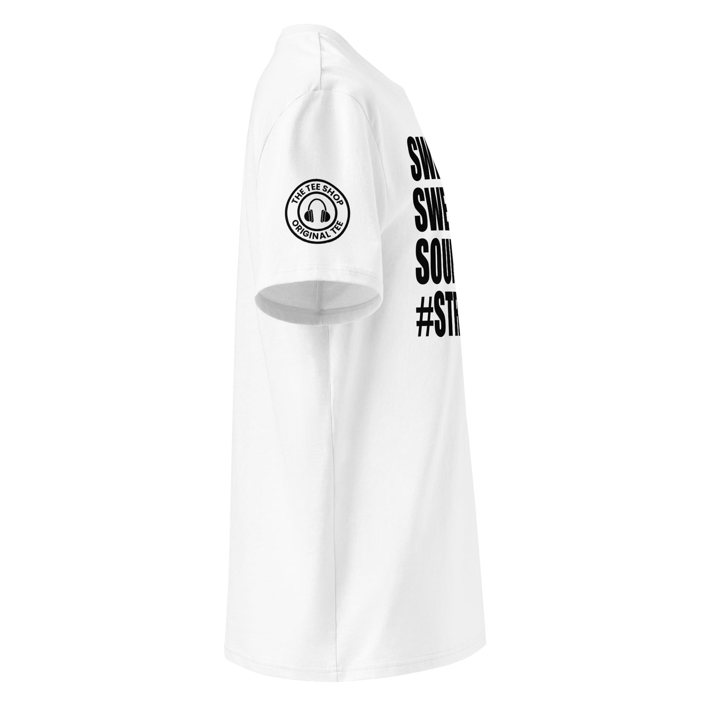 See the right view of the "SWEET SWEET SOUNDS #STRAIGHT SIX" White T-Shirt, featuring TheTeeShop logo. Ideal for car meets and automotive events!