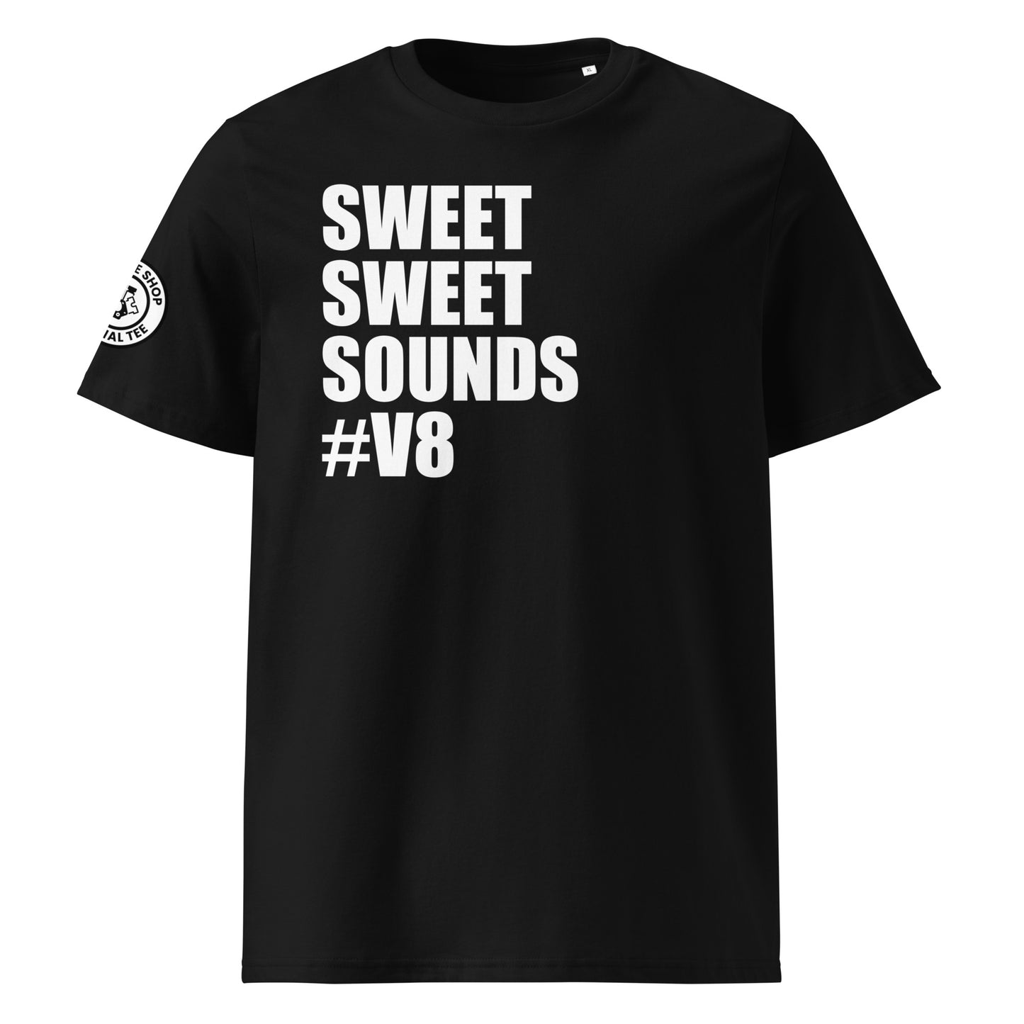 Front view of black unisex t-shirt with bold white “SWEET SWEET SOUNDS #V8” slogan. DTF print, perfect for V8 engine fans and car meet enthusiasts.