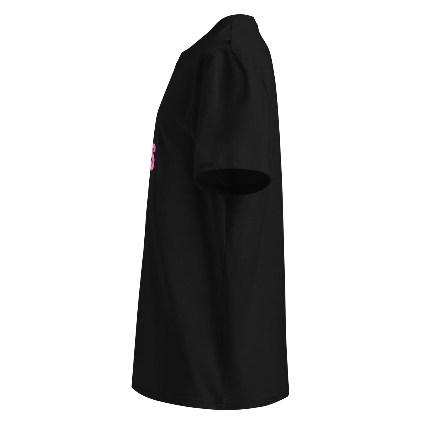 Left side view of black unisex t-shirt, plain sleeve, visible side of the pink “SWEET SWEET SOUNDS #V8” chest print. Minimalist, car meet style.
