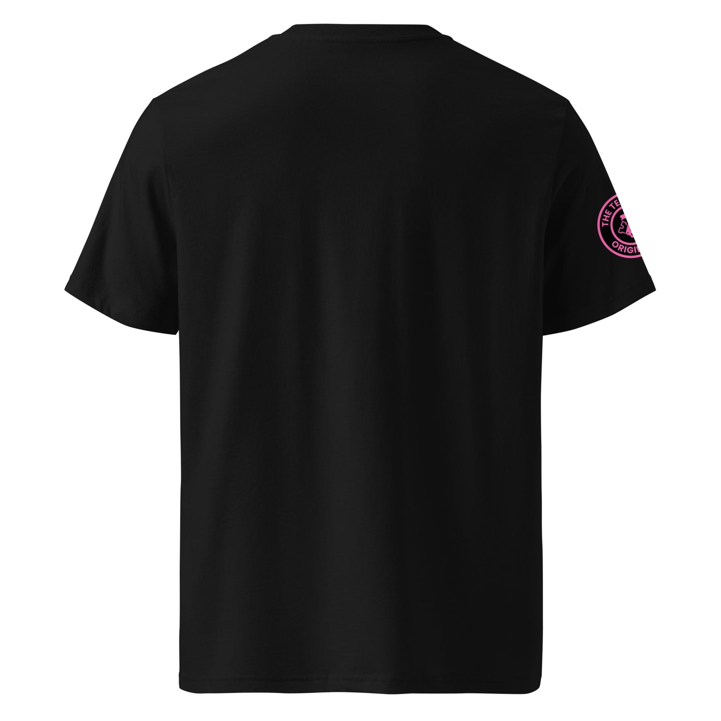Back view of black unisex t-shirt with plain design. No rear print, highlighting the bold front pink slogan and unique engine logo on the sleeve. DTF print, perfect for car meet and V8 engine fans.