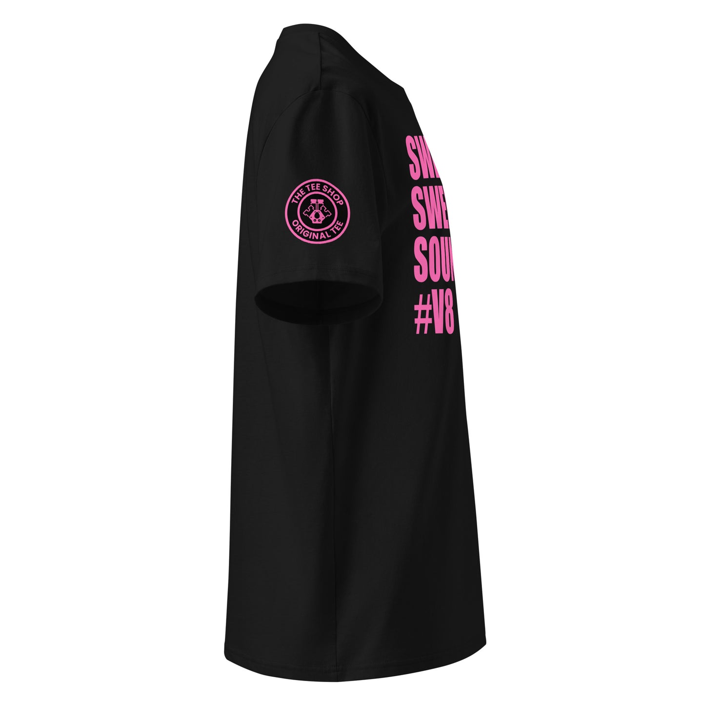 Right side view of black t-shirt showing The Tee Shop’s unique engine logo on the sleeve and edge of the pink SWEET SWEET SOUNDS #V8 slogan. DTF print, car culture and engine tribute.