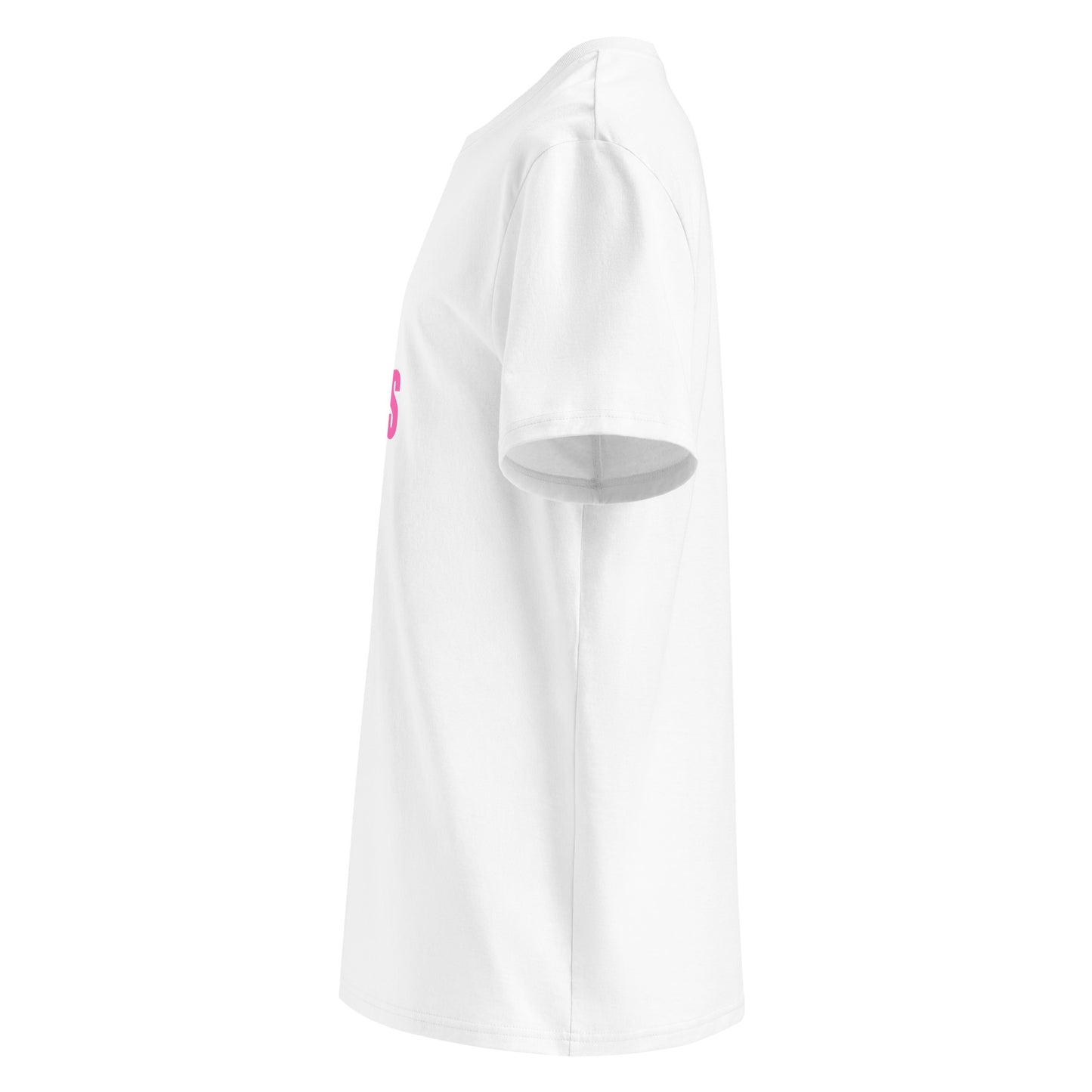 Left side view of white unisex t-shirt, plain sleeve, visible side of the pink “SWEET SWEET SOUNDS #V8” chest print. Minimalist, car meet style.