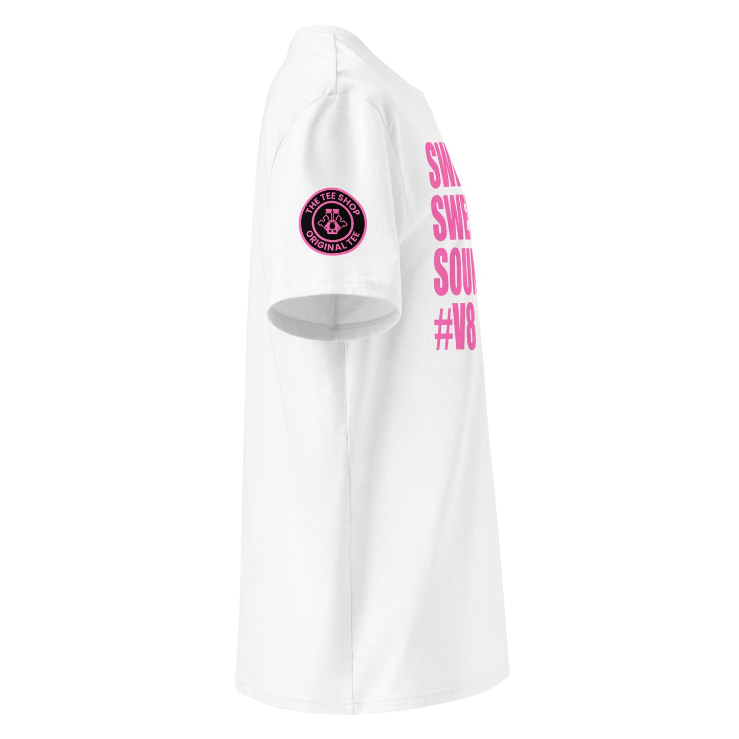 Right side view of white t-shirt showing The Tee Shop’s unique engine logo on the sleeve and edge of the pink SWEET SWEET SOUNDS #V8 slogan. DTF print, car culture and engine tribute.