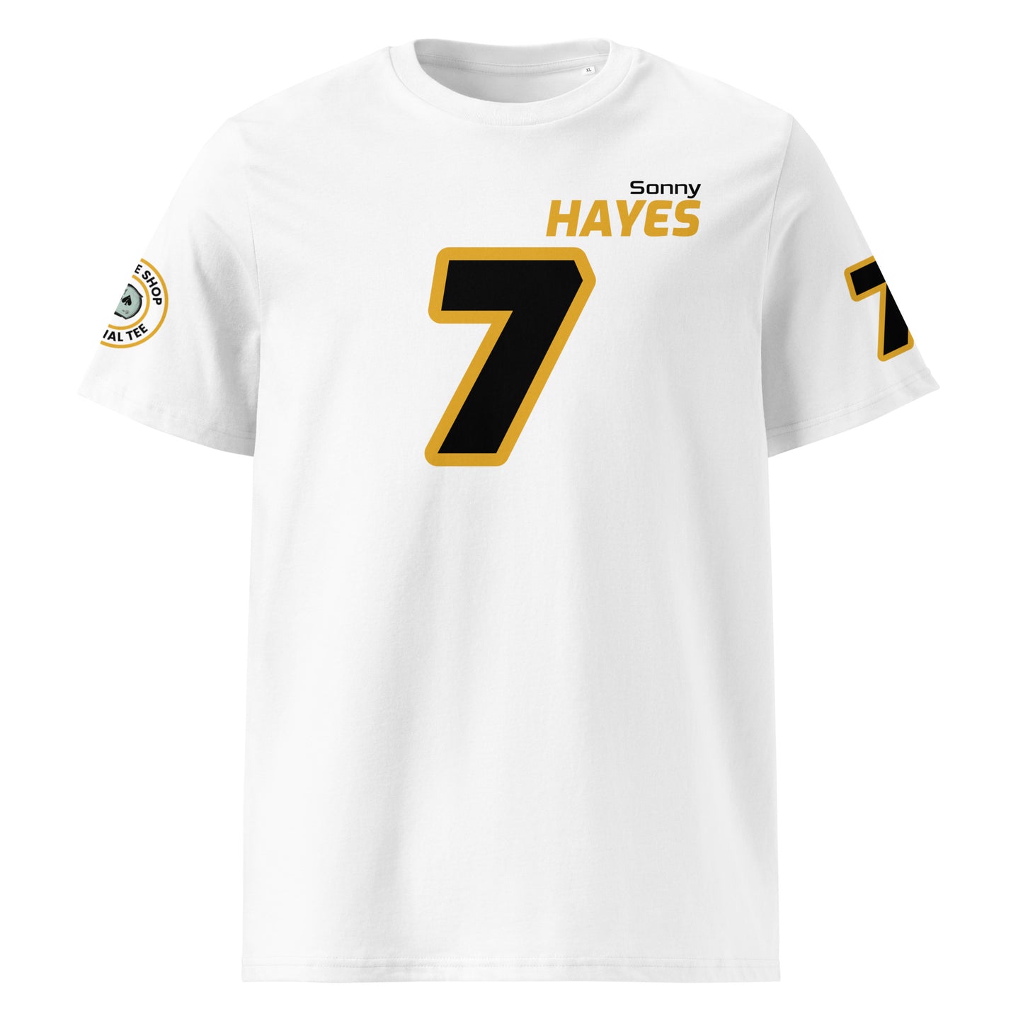 View the front of the white Sonny Hayes T-Shirt, featuring "Sonny HAYES" and the number "7" in white with a yellow outline. Perfect for F1 fans and petrol heads.