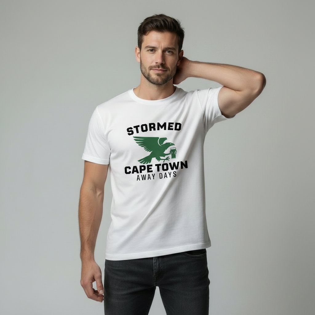 Male model on a light grey studio background wearing a white “STORMED CAPE TOWN AWAY DAYS” t‑shirt with green bird graphic; right hand behind head in a casual pose, print fully visible.
